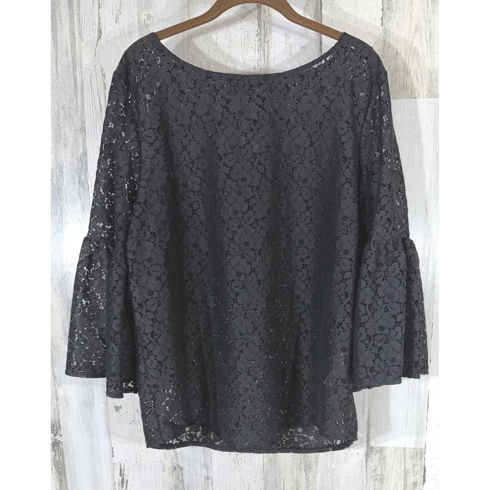 Banana Republic Lace Blouse XL Black Bell Sleeve Floral Boho Whimsigoth Goth
